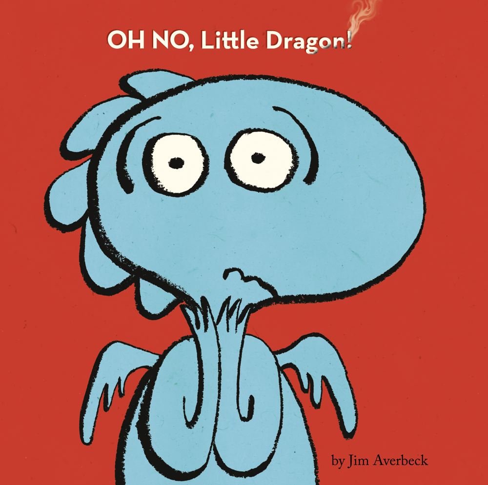The cover image of OH NO, Little Dragon, which shows a worried-looking blue dragon on a red background.