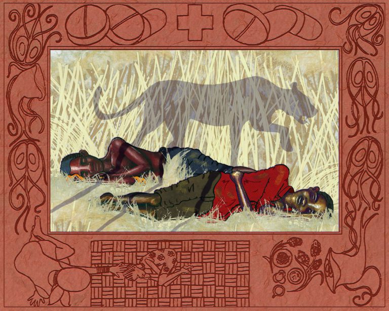 Two boys are laying down, resting next to some tall, beige grass. The shadow of a big cat, like a lioness or a panther, looms over them.